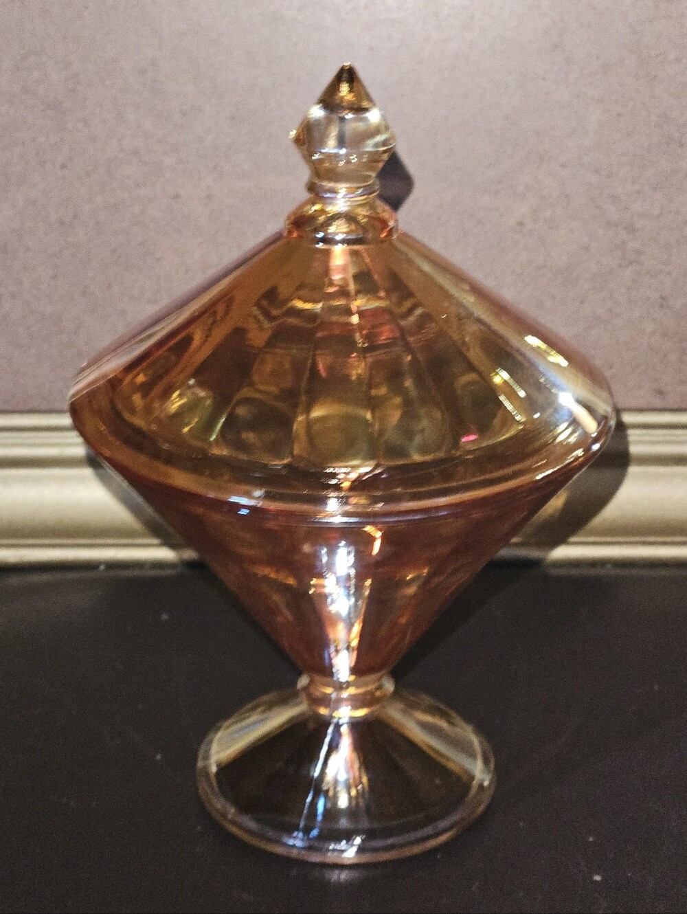 Vtg Westmoreland Marigold Carnival Glass Compote Candy Dish w Cone Shaped Lid